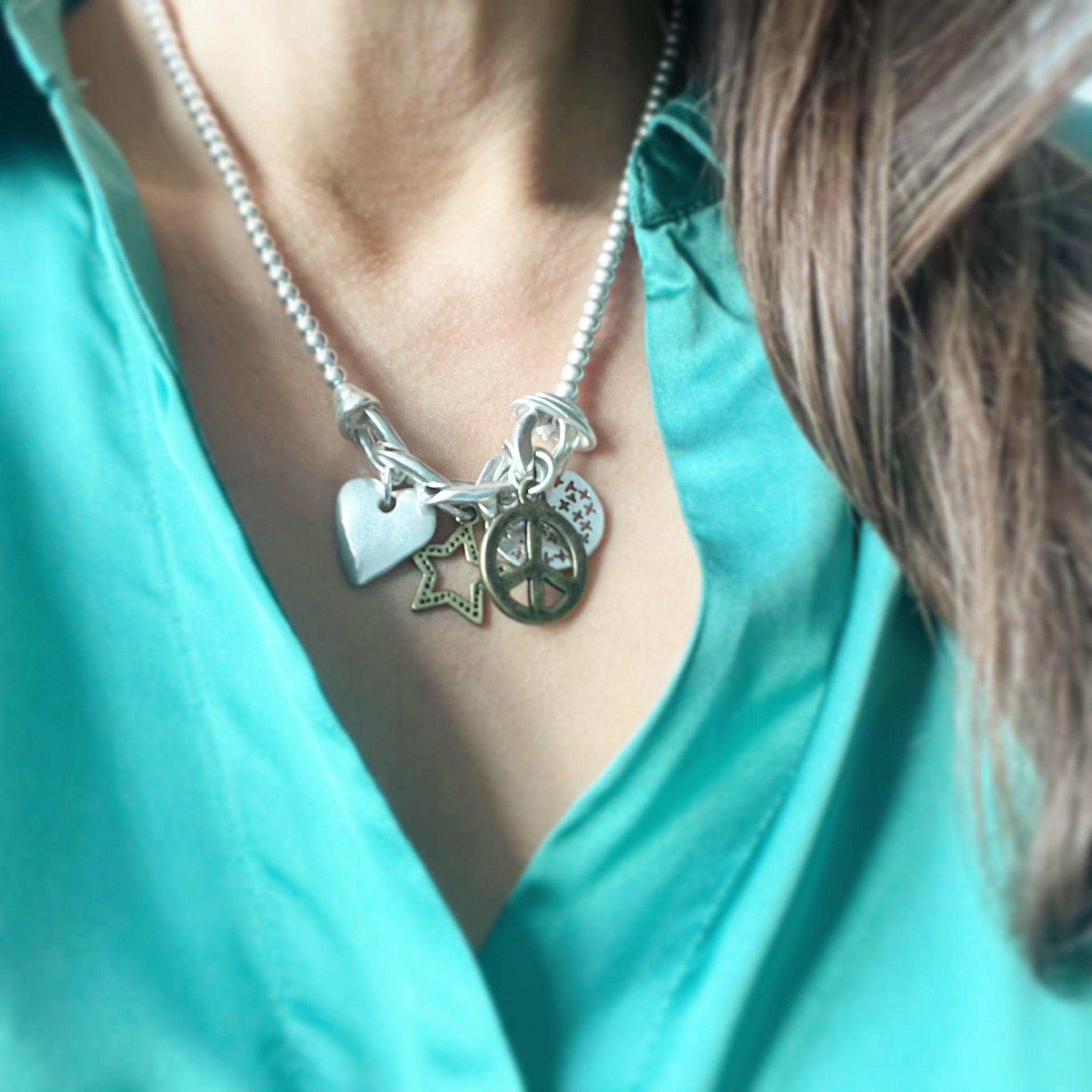 LOVE & PEACE CHARM NECKLACE - SILVER & GOLD