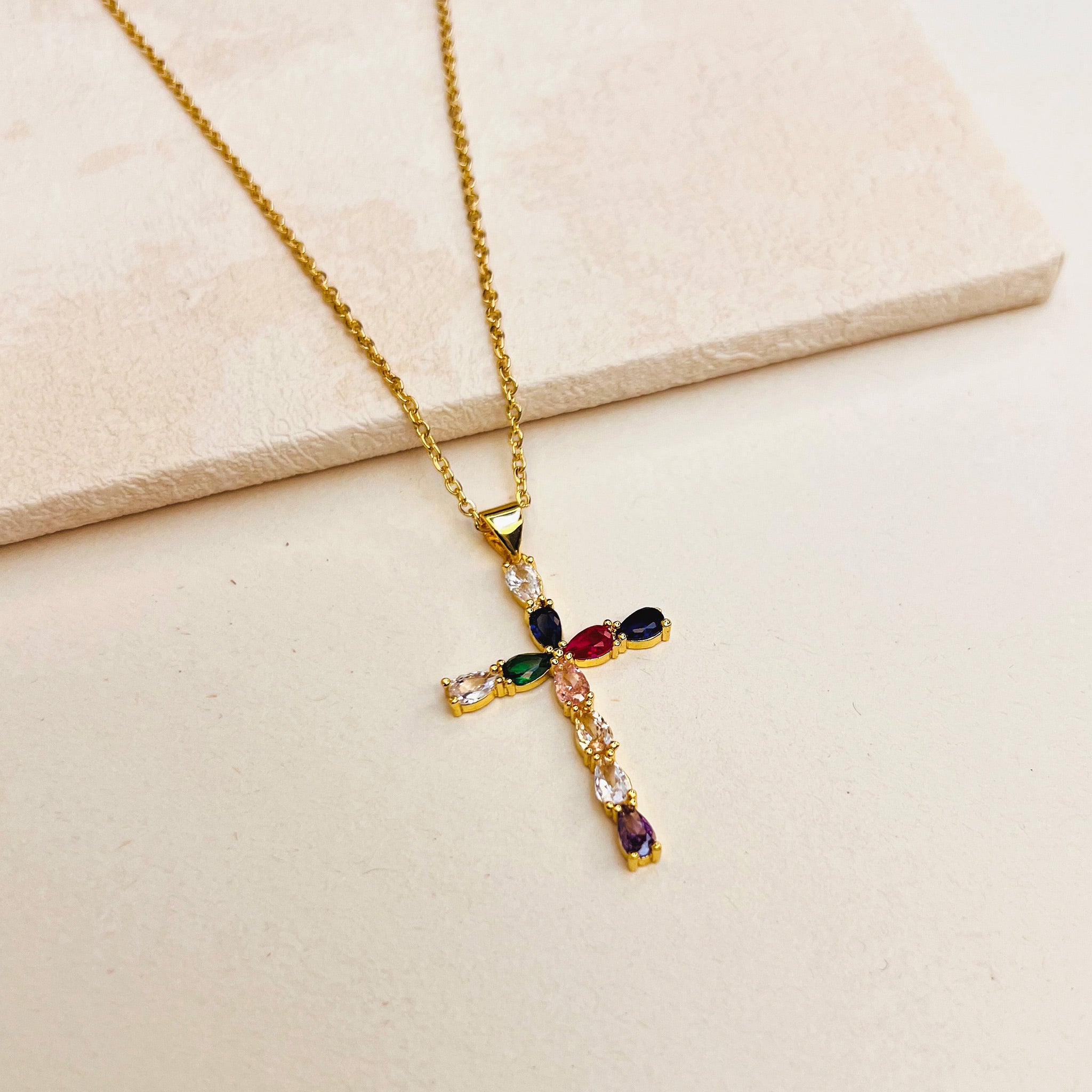 RAINBOW JEWEL CROSS NECKLACE - GOLD